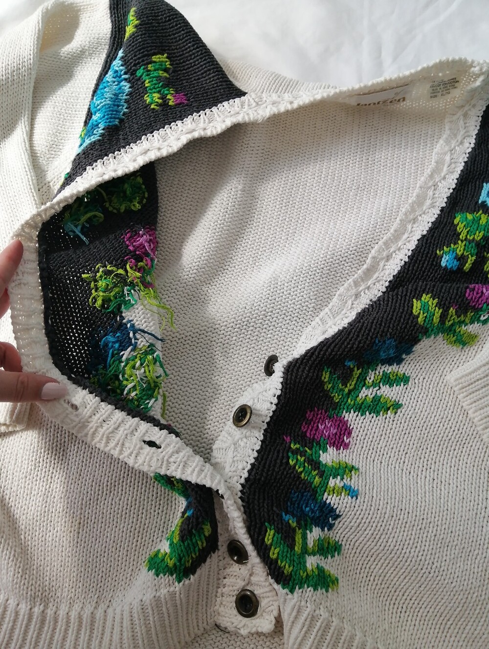 Vintage 90s Jantzen Rose Floral Knit Button Cardigan Cream Colourblock XL - Picture 13 of 17